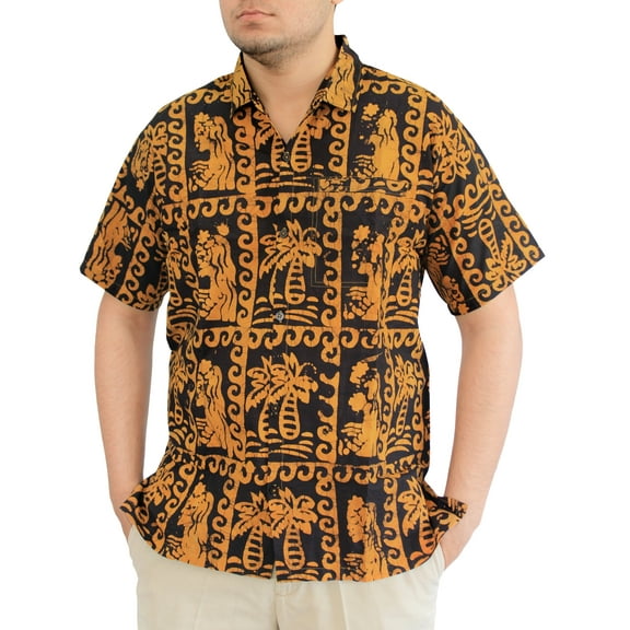 HAPPY BAY Men's Hawaiian Shirt Camp Beach Shirts Casual Short Sleeve Button Down Collar Shirts for Men L Batik, Yellow