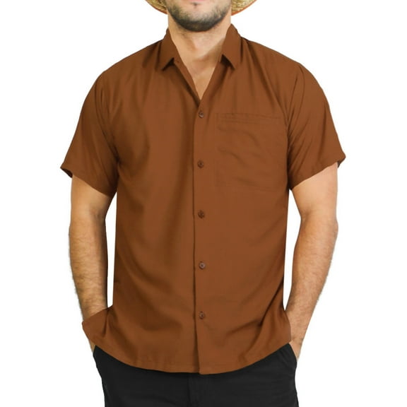 HAPPY BAY Men's Hawaiian Shirt Solid Beach Shirts Casual Button Up Short Sleeve Shirts for Men S Brown, Plain