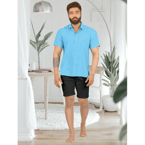 HAPPY BAY Men's Hawaiian Shirt Solid Casual Short Sleeve Button Down Beach Shirts for Men Summer XS Sky, Plain