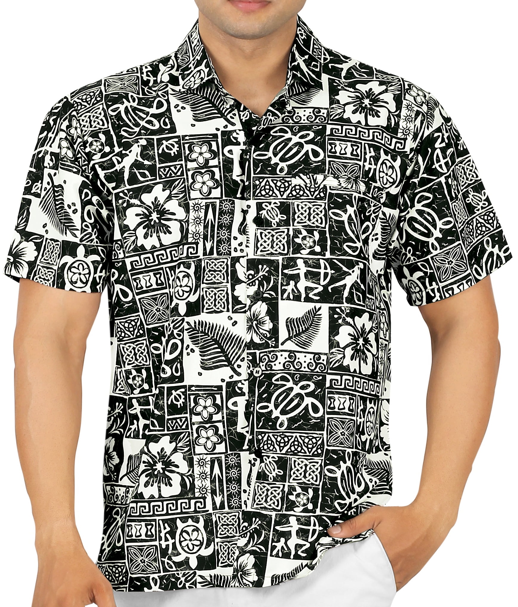 HAPPY BAY Men's Hawaiian Shirt - Boho Flamingo Print Tropical Button-Up Shirt