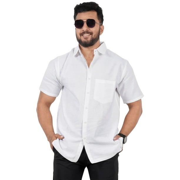 HAPPY BAY Men s Hawaiian Shirt Summer Solid Shirts Casual Button Down Short Sleeve Dress Shirts for Men 3XL White Plain