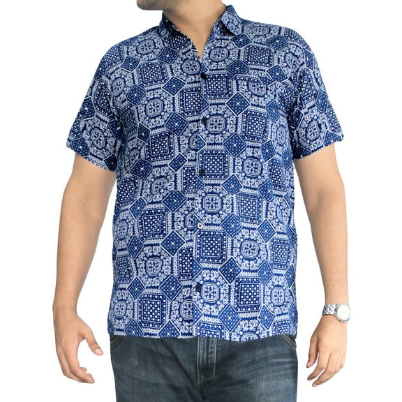 HAPPY BAY Men's Hawaiian Shirt Trendy Beach Shirts Casual Short Sleeve Button Down Collar Shirts for Men S Square Boho Lattice, Blue