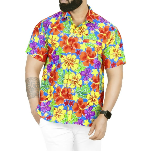 HAPPY BAY Men's Hawaiian Shirt Tropical Floral Beach Shirts Casual Button Up Short Sleeve Shirts for Men XXL Allover Flowers, Orange