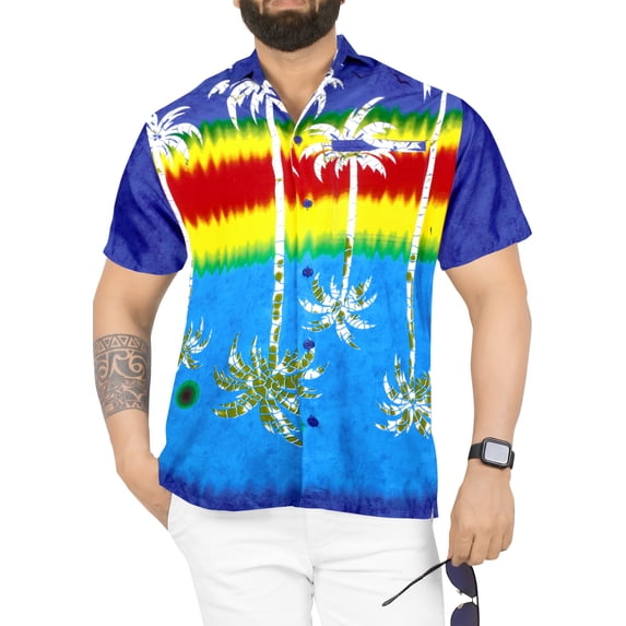 HAPPY BAY Men's Hawaiian Shirt Tropical Floral Beach Shirts Casual Short Sleeve Button Down Collar Shirts for Men XL Upside Down Palm, Blue