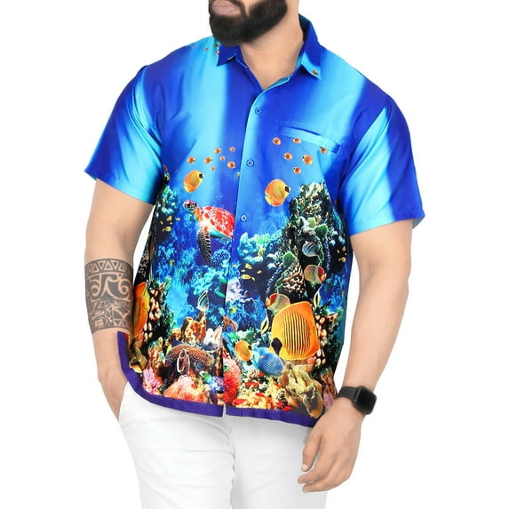 HAPPY BAY Men's Hawaiian Shirt Tropical Floral Casual Short Sleeve Button Down Beach Shirts for Men Summer 3XL Aquatic Fish, Blue
