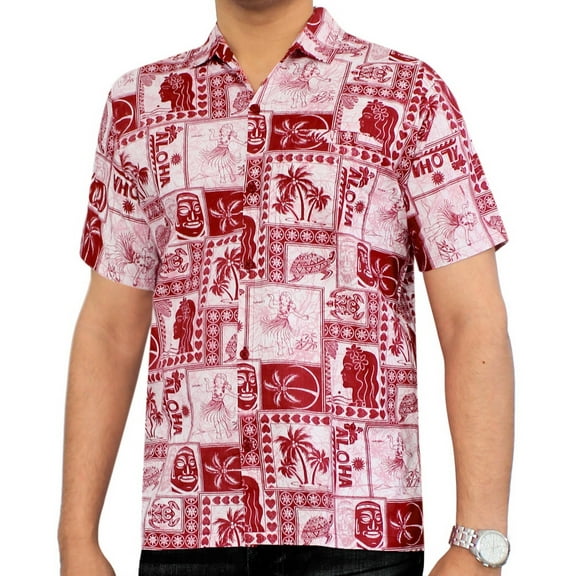 HAPPY BAY Men's Hawaiian Shirt with Pocket Casual Short Sleeve Button Down Beach Shirts for Men Summer S Hula Aloha, Red Vacation Party