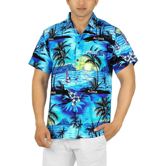 HAPPY BAY Men's Hawaiian Shirts Short Sleeve Button Down Shirt Men's Casual Shirts Vacation Tropical Summer Party Shirts for Men Funny L Aloha, Blue