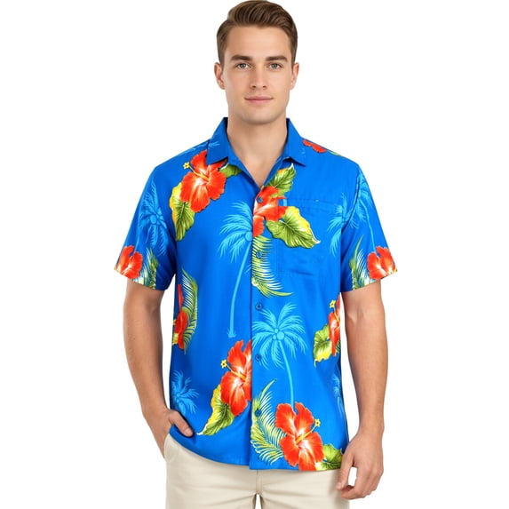 HAPPY BAY Men's Hawaiian Shirts Short Sleeve Button Down Shirt Men's Vacation Shirts Summer Beach Casual Tropical Shirts for Men Funny M Floral, Blue