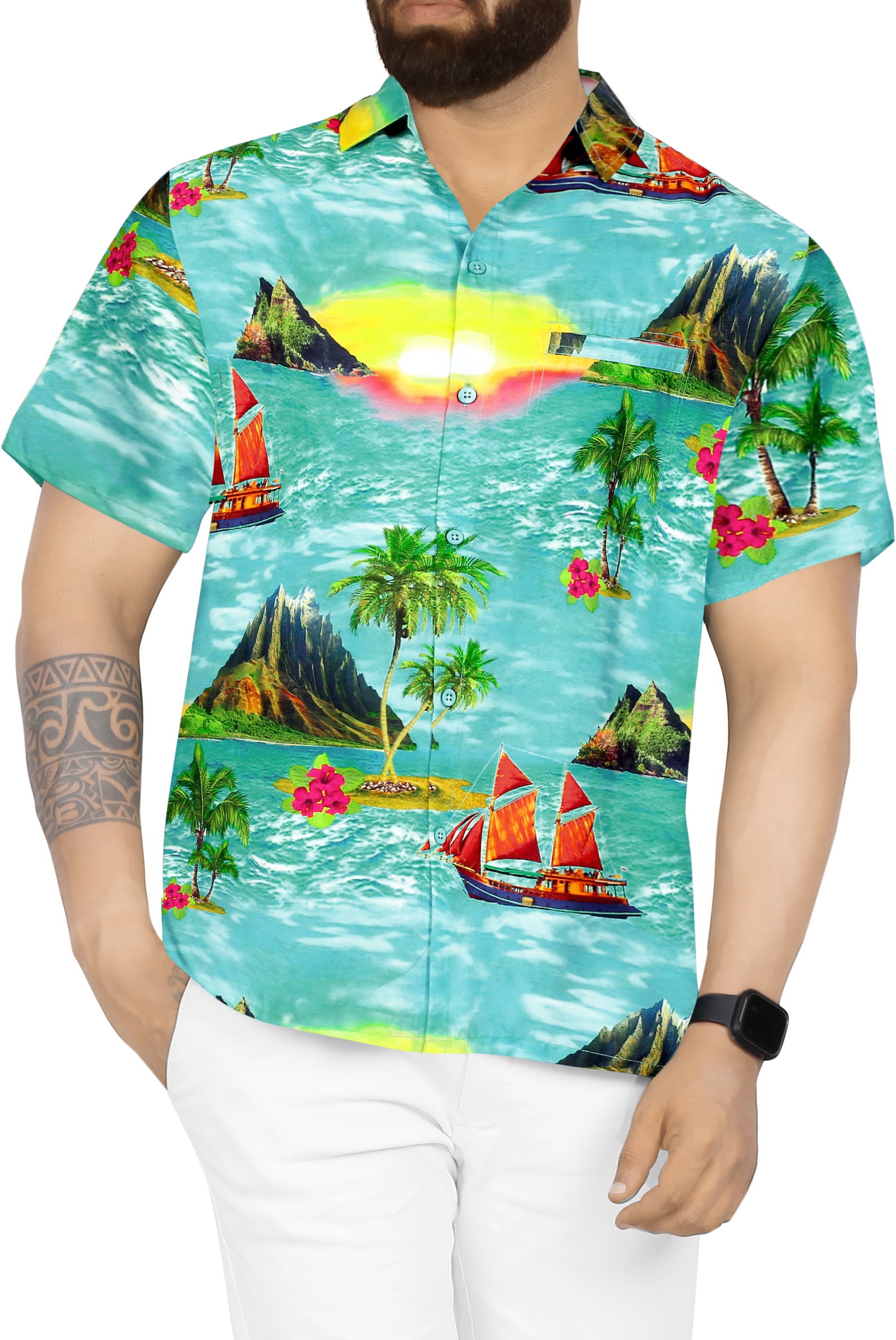 Happy Bay Men’s Hawaiian Shirt – Palm Flamingo Print Button-Down, Casual Beach Party Shirt (Size XXL) - View #8