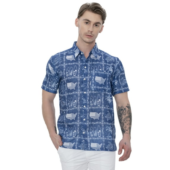 HAPPY BAY Men's Hawaiian Shirts Short Sleeve Button Down Shirt Mens Patriotic Shirts Casual Holiday Summer Party Shirts for Men XL Navy, USA Map