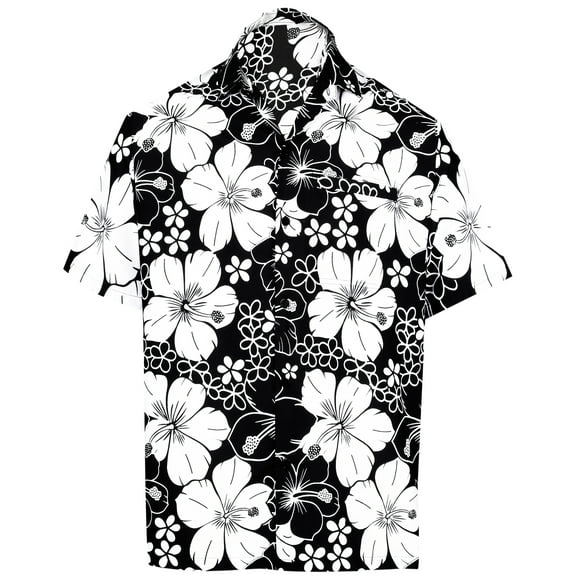 HAPPY BAY Men's Hawaiian Shirts Short Sleeve Button Down Shirt Floral Shirt Men Boho Holiday Casual Summer Beach Shirts for Men Funny S Allover Hibiscus, Black