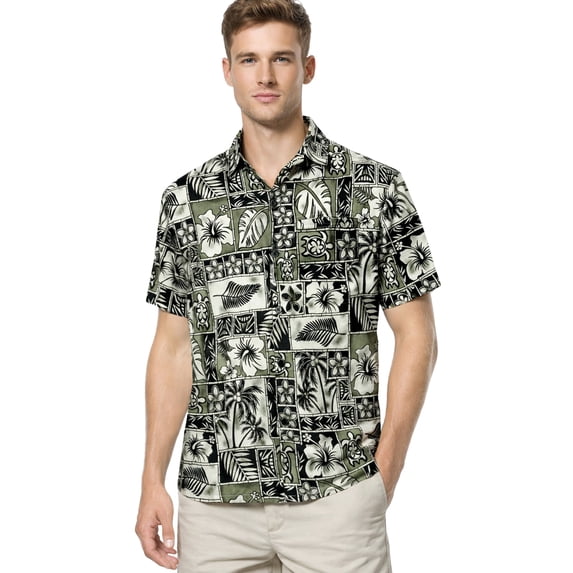 HAPPY BAY Men's Hawaiian Shirts Short Sleeve Button Down Shirt Floral Shirt Men Boho Vacation Casual Summer Beach Shirts for Men Funny XXL Hawaii Collage Print, Black