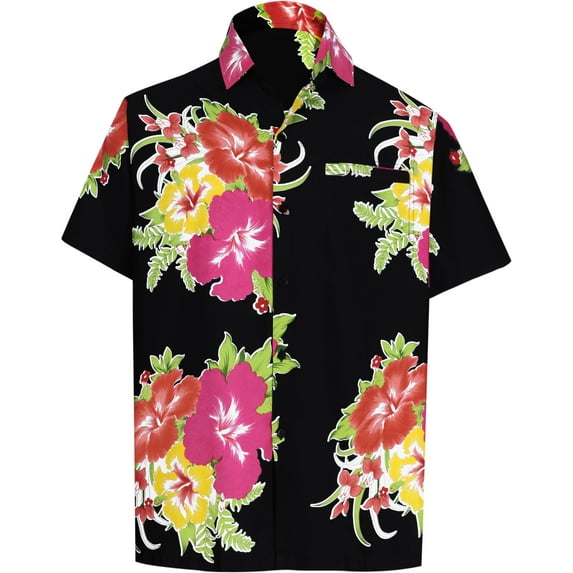 HAPPY BAY Men's Hawaiian Shirts Short Sleeve Button Down Shirt Floral Shirt Men Casual Beach Vacation Hawaii Island Shirts for Men Funny L Retro Hibiscus, Pink