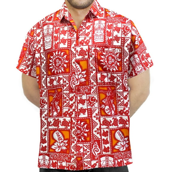 HAPPY BAY Men's Hawaiian Shirts Short Sleeve Button Down Shirt Floral Shirt Men Casual Beach Vacation Hawaii Island Shirts for Men Funny M Aztec Print, Red