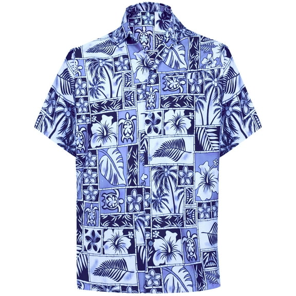 HAPPY BAY Men's Hawaiian Shirts Short Sleeve Button Down Shirt Floral Shirt Men Casual Holiday Summer Party Caribbean Shirts for Men Funny 4XL Hawaii Collage Print, Blue