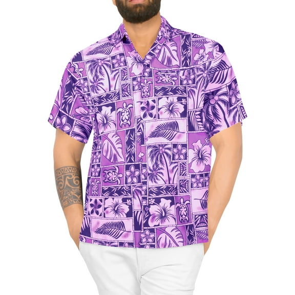 HAPPY BAY Men's Hawaiian Shirts Short Sleeve Button Down Shirt Floral Shirt Men Casual Vacation Summer Party Caribbean Shirts for Men Funny XL Hawaii Collage, Autumn Purple