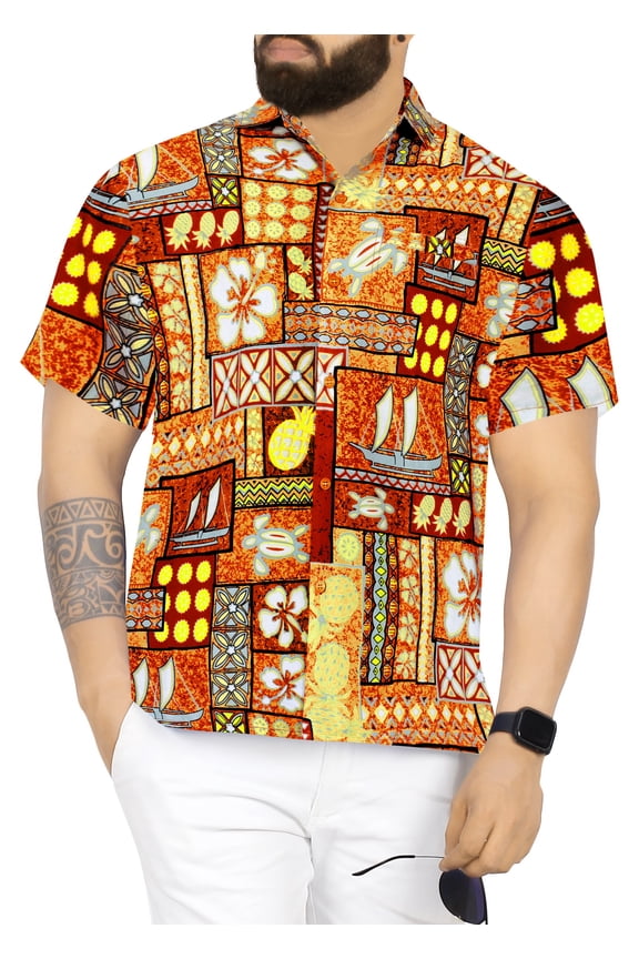 Men's Hawaiian Shirts Short Sleeve Button Down Shirt Floral Shirt Men Casual Vacation Summer Tropical Island Shirts for Men Funny S Geometric, Autumn Brown