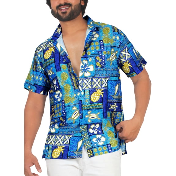HAPPY BAY Men's Hawaiian Shirts Short Sleeve Button Down Shirt Floral Shirt Men Holiday Tropical Beach Summer Party Shirts for Men Funny L Geometric Prints, Blue
