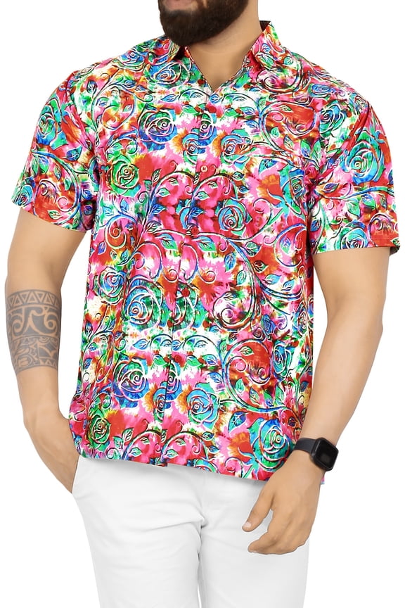 Men's Hawaiian Shirts Short Sleeve Button Down Shirt Floral Shirt Men Summer Beach Casual Vacation Tropical Shirts for Men Funny M Allover Flowers, Autumn Pink For Dad