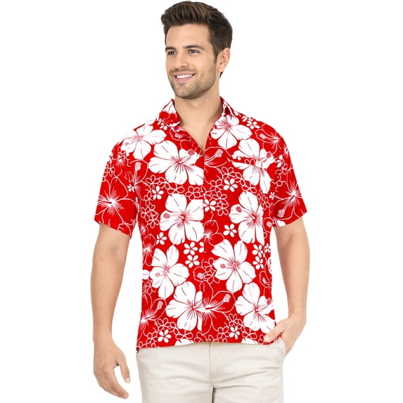 HAPPY BAY Men's Hawaiian Shirts Short Sleeve Button Down Shirt Floral Shirt Men Summer Beach Casual Vacation Tropical Shirts for Men Funny S Allover Hibiscus, Red