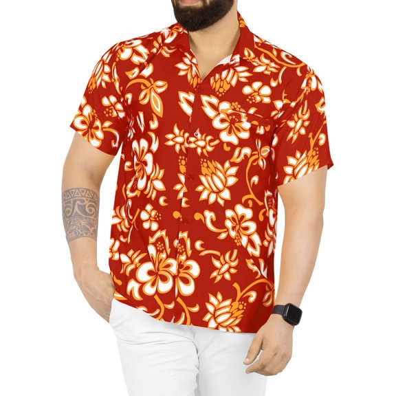 HAPPY BAY Men's Hawaiian Shirts Short Sleeve Button Down Shirt Floral Shirt Men Vacation Tropical Beach Summer Party Shirts for Men Funny XL Anthemion Motif, Red