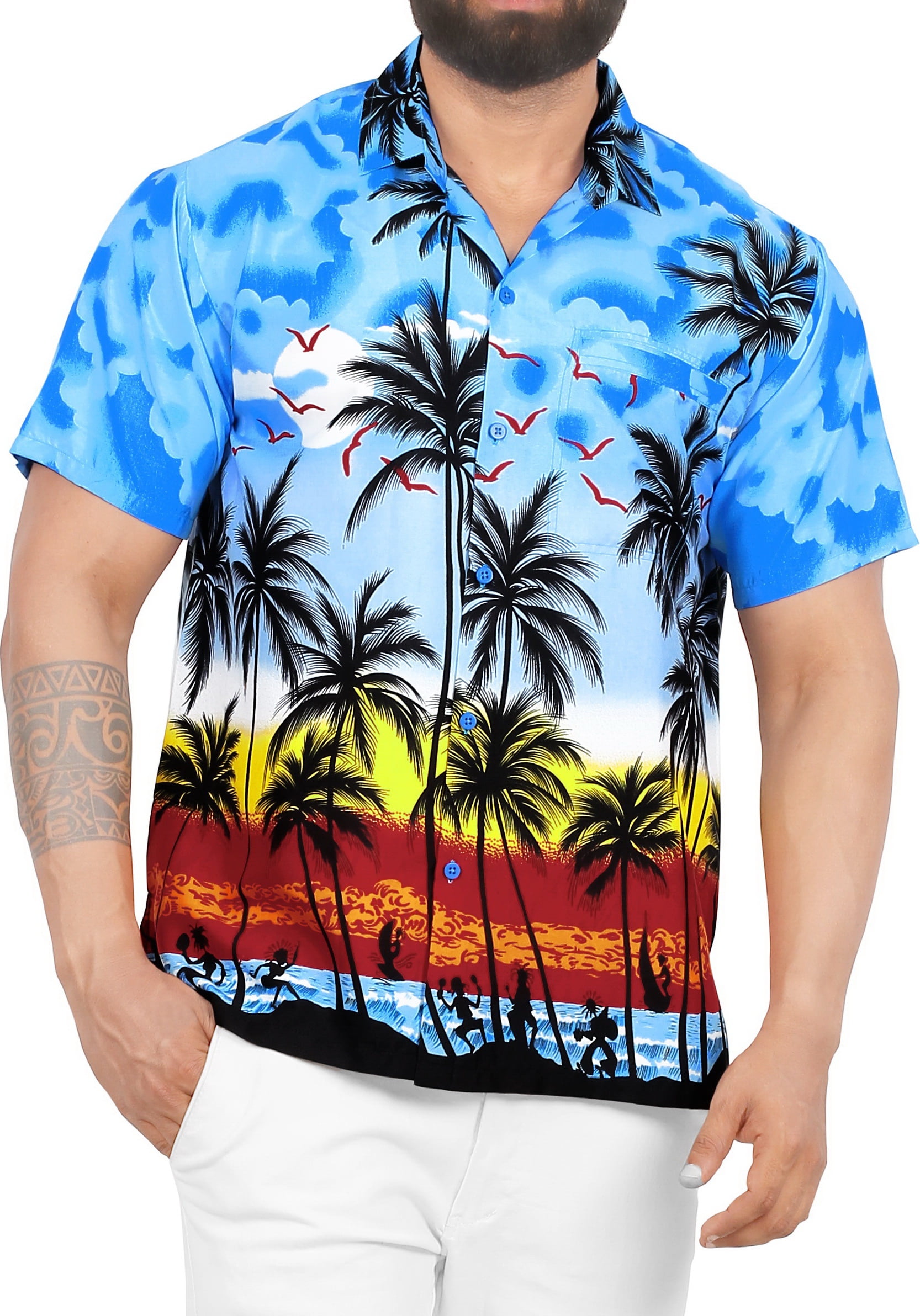 Happy Bay Men’s Hawaiian Shirt – Palm Flamingo Print Button-Down, Casual Beach Party Shirt (Size XXL) - View #4
