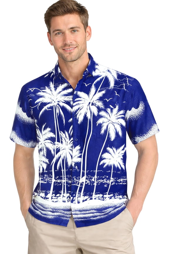 Men's Hawaiian Shirts Short Sleeve Button Down Shirt Men's Casual Shirts Holiday Tropical Beach Summer Party Shirts for Men Funny S Palm Tree Sea Shore, Blue