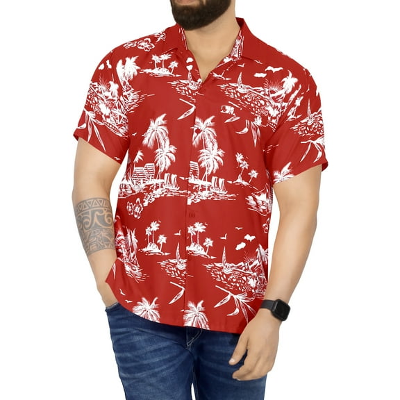 HAPPY BAY Men's Hawaiian Shirts Short Sleeve Button Down Shirt Men's Casual Shirts Holiday Tropical Beach Summer Party Shirts for Men Funny XS Island View, Red