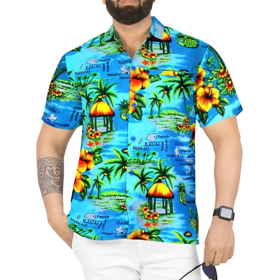 HAPPY BAY Men's Hawaiian Shirts Short Sleeve Button Down Shirt Men's Casual Shirts Vacation Tropical Beach Summer Party Shirts for Men Funny 6XL Ocean Chart, Autumn Turquoise