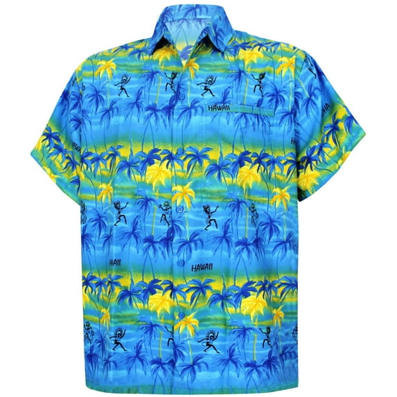 HAPPY BAY Men's Hawaiian Shirts Short Sleeve Button Down Shirt Men's Casual Shirts Vacation Tropical Beach Summer Party Shirts for Men Funny L Palm Tree Shadows, Blue