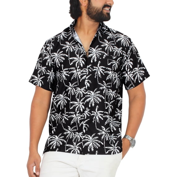HAPPY BAY Men's Hawaiian Shirts Short Sleeve Button Down Shirt Men's Casual Shirts Vacation Tropical Beach Summer Party Shirts for Men Funny XL Allover Palm Trees, Black
