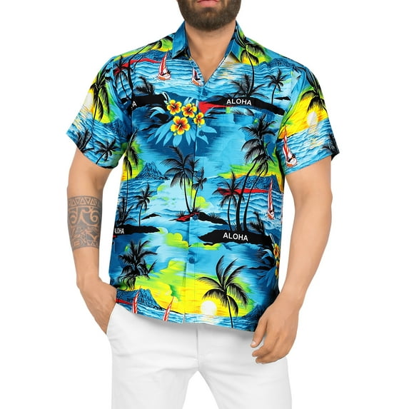 HAPPY BAY Men's Hawaiian Shirts Short Sleeve Button Down Shirt Men's Casual Shirts Vacation Tropical Beach Summer Party Shirts for Men Funny XL Scenic, Blue