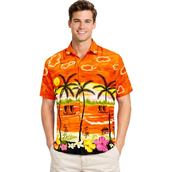 HAPPY BAY Men's Hawaiian Shirts Short Sleeve Button Down Shirt Men's Casual Shirts Vacation Tropical Beach Summer Party Shirts for Men Funny XL Seashore Palm, Orange