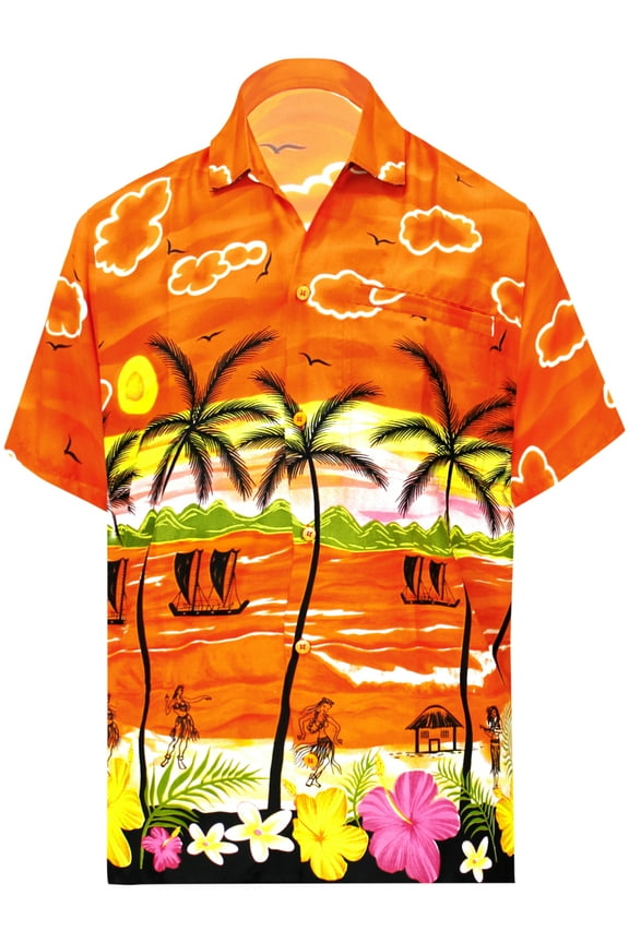 Men's Hawaiian Shirts Short Sleeve Button Down Shirt Men's Casual Shirts Vacation Tropical Beach Summer Party Shirts for Men Funny XL Seashore Palm, Orange