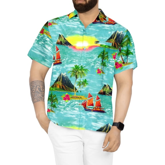 HAPPY BAY Men's Hawaiian Shirts Short Sleeve Button Down Shirt Men's Casual Shirts Vacation Tropical Summer Shirts for Men Funny XL Beach Sunset, Green