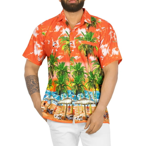 HAPPY BAY Men's Hawaiian Shirts Short Sleeve Button Down Shirt Men's Hawaii Shirts Boho Holiday Casual Summer Beach Shirts for Men Funny M Landscape, Orange