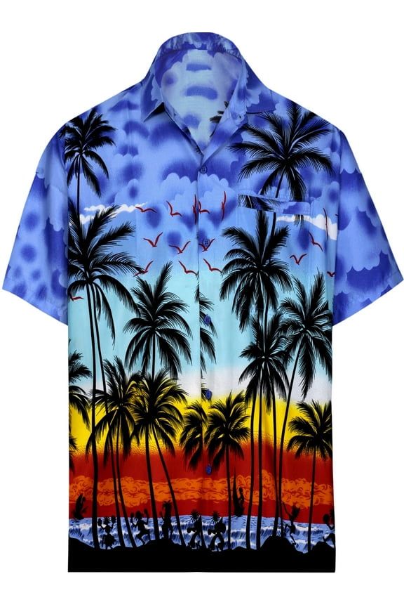 Men's Hawaiian Shirts Short Sleeve Button Down Shirt Men's Hawaii Shirts Boho Vacation Casual Summer Beach Shirts for Men Funny 3XL Palm Tree Island View, Royal Blue Dad