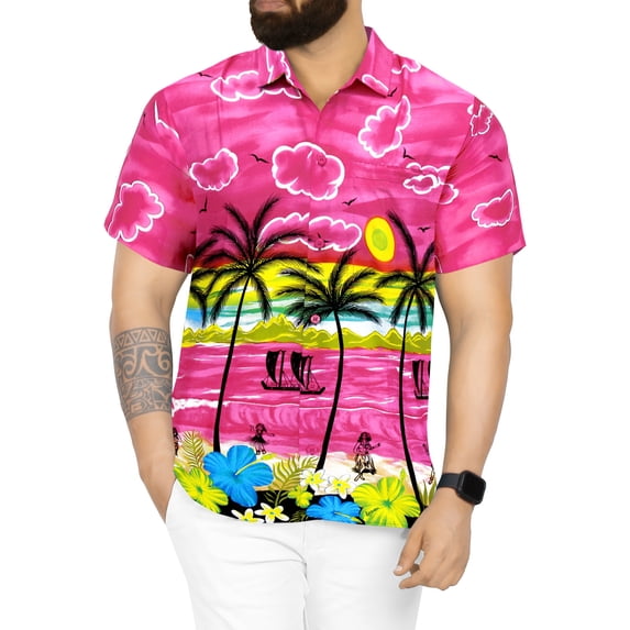 HAPPY BAY Men's Hawaiian Shirts Short Sleeve Button Down Shirt Men's Hawaii Shirts Boho Vacation Casual Summer Beach Shirts for Men Funny 3XL Seashore Palm, Autumn Pink