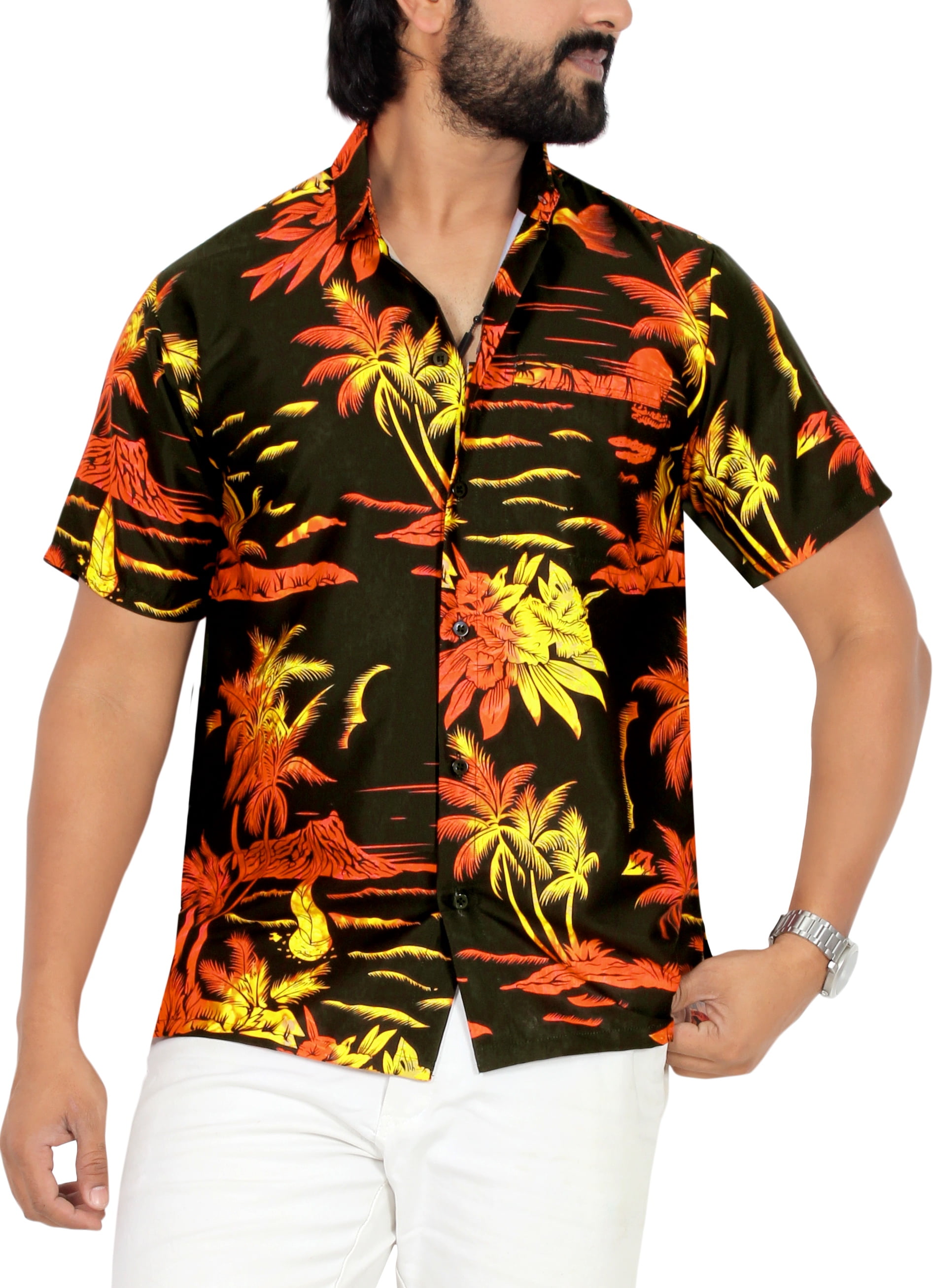 Happy Bay Men’s Hawaiian Shirt – Palm Flamingo Print Button-Down, Casual Beach Party Shirt (Size XXL) - View #5