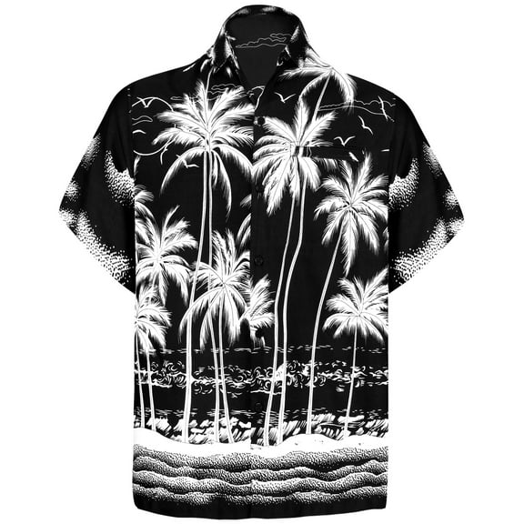 HAPPY BAY Men's Hawaiian Shirts Short Sleeve Button Down Shirt Men's Hawaii Shirts Boho Vacation Casual Summer Beach Shirts for Men Funny XS Palm Tree, Black
