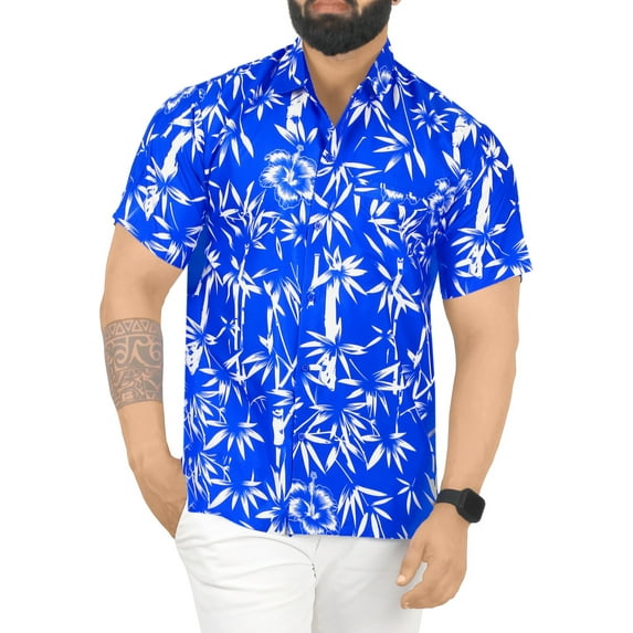 HAPPY BAY Men's Hawaiian Shirts Short Sleeve Button Down Shirt Men's Party Shirts Casual Holiday Summer Tropical Island Shirts for Men Funny 7XL Allover Leaves, Blue