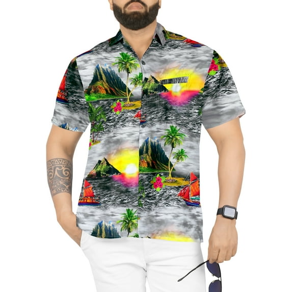 HAPPY BAY Men's Hawaiian Shirts Short Sleeve Button Down Shirt Men's Party Shirts Casual Holiday Summer Tropical Island Shirts for Men Funny XL Beach Sunset, Grey