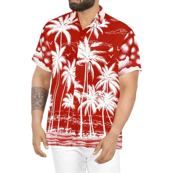 HAPPY BAY Men's Hawaiian Shirts Short Sleeve Button Down Shirt Men's Party Shirts Casual Holiday Summer Tropical Island Shirts for Men Funny XL Sea Shore, Red