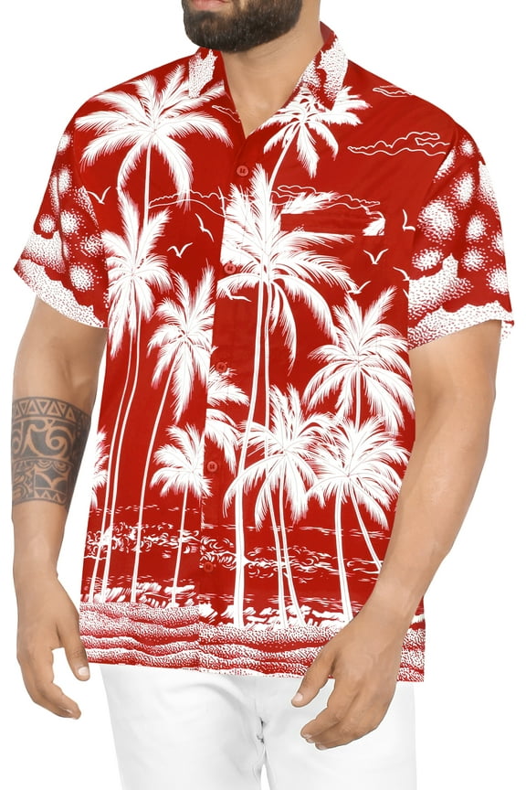 Men's Hawaiian Shirts Short Sleeve Button Down Shirt Men's Party Shirts Casual Holiday Summer Tropical Island Shirts for Men Funny XL Sea Shore, Red