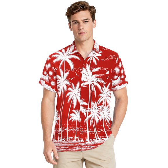 HAPPY BAY Men's Hawaiian Shirts Short Sleeve Button Down Shirt Men's Party Shirts Casual Holiday Summer Tropical Island Shirts for Men Funny XL Sea Shore, Red