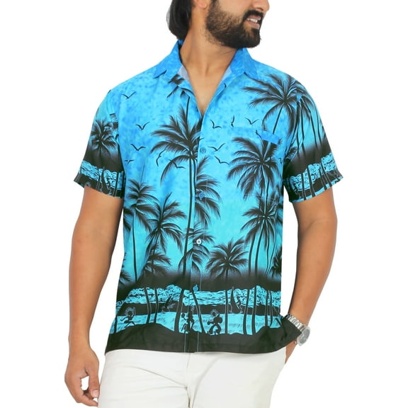 HAPPY BAY Men's Hawaiian Shirts Short Sleeve Button Down Shirt Men's Party Shirts Casual Holiday Summer Tropical Island Shirts for Men Funny XL Sea Shore View, Blue