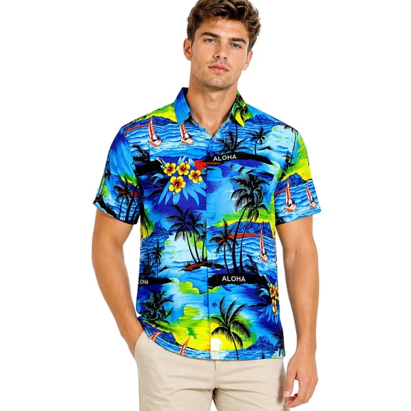 HAPPY BAY Men's Hawaiian Shirts Short Sleeve Button Down Shirt Men's Party Shirts Casual Holiday Summer Tropical Island Shirts for Men Funny XXL Beach, Blue