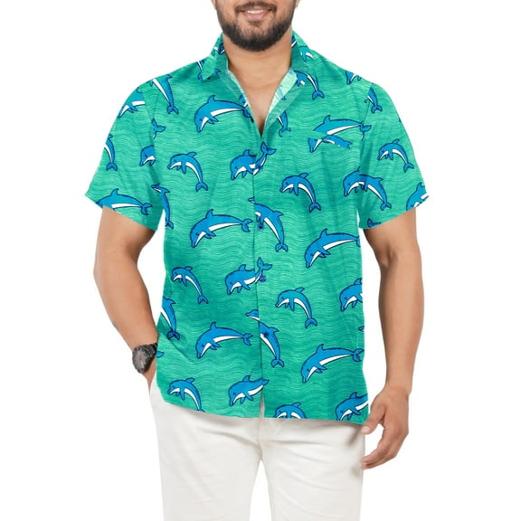 HAPPY BAY Men's Hawaiian Shirts Short Sleeve Button Down Shirt Men's Party Shirts Casual Vacation Fishermen Summer Tropical Shirts for Men Funny S Cyan, Dolphin
