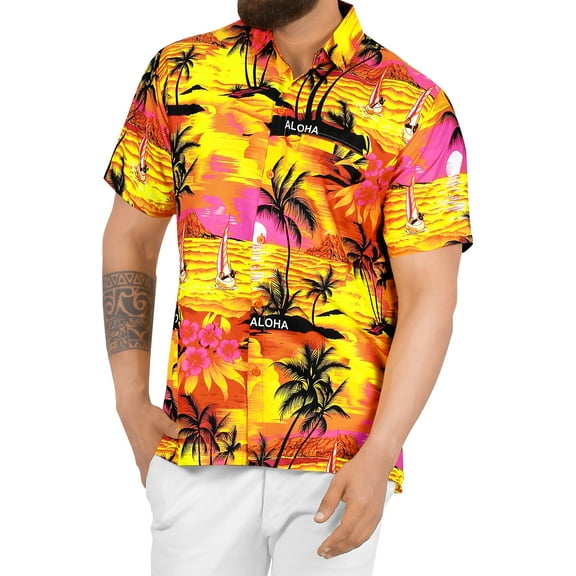 HAPPY BAY Men's Hawaiian Shirts Short Sleeve Button Down Shirt Men's Party Shirts Casual Vacation Summer Tropical Island Shirts for Men Funny XL Island View, Orange