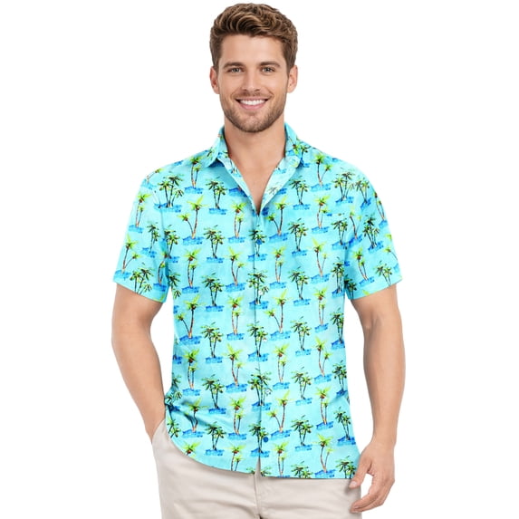 HAPPY BAY Men's Hawaiian Shirts Short Sleeve Button Down Shirt Men's Summer Shirts Casual Beach Holiday Hawaii Island Shirts for Men Funny XXL Blue, Palm Tree